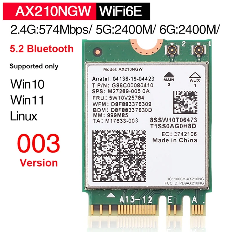 

AX210NGW 2.4G/5G/6G Tri Band Wireless Network Card Gigabit Bluetooth 5.2 NGFF M.2 Built-In Wireless Wifi Network Card