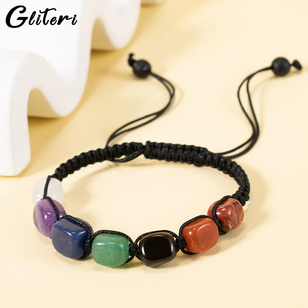 

GEITERI Vintage Colorful Stone Braid Hand Rope For Women Men Geometric Irregularity Natural Stone Bracelets Jewelry Lover Gifts
