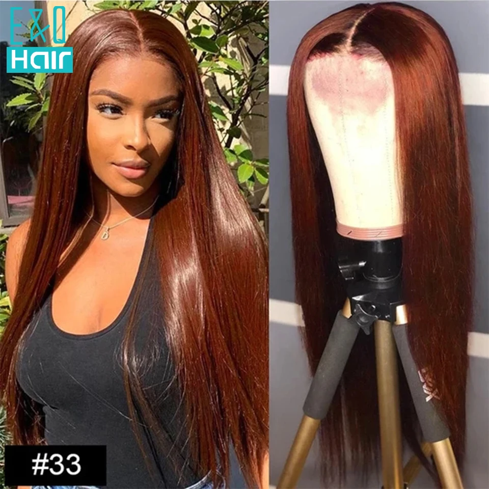 

Auburn Brown Straight Lace Frontal Human Hair Wig For Women Reddish Brown #33 Colored Brazilian Wavy Lace Closure Wig PrePlucked