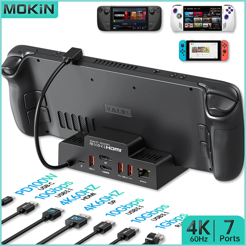 

MOKiN 7 in 1 Docking Station - Seamless Connectivity for Steam Deck and ROG Ally - USB3.1, HDMI/DP 4K60Hz, PD 100W, RJ45 1Gbps