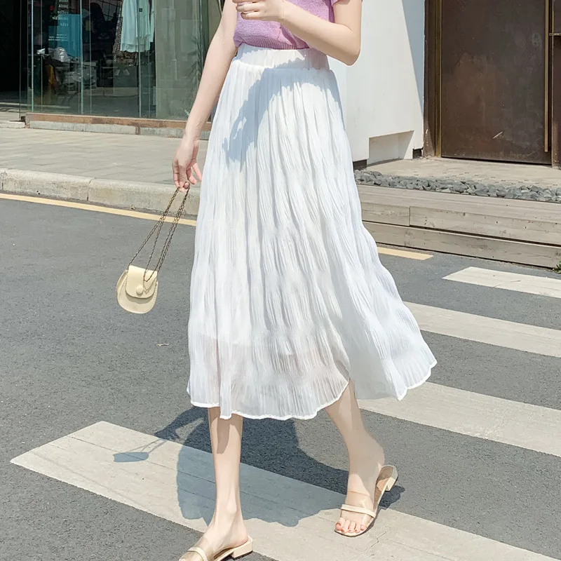

TFETTERS White Skirt Irregular Pleated Skirt Women 2023 Summer New Fairy Midi Skirt Plain High Waist A Line Skirts for Women