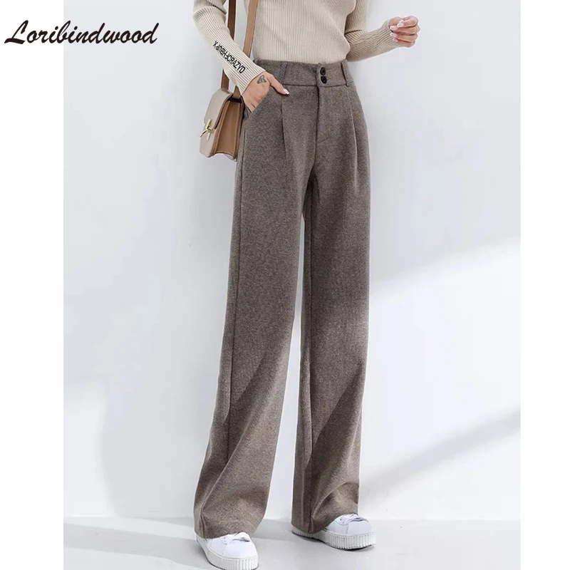 

Loribindwood Thicken Warm Loose Women Woolen Pants Autumn Winter Wide Leg Trousers Casual Double Button Female Pants 2022