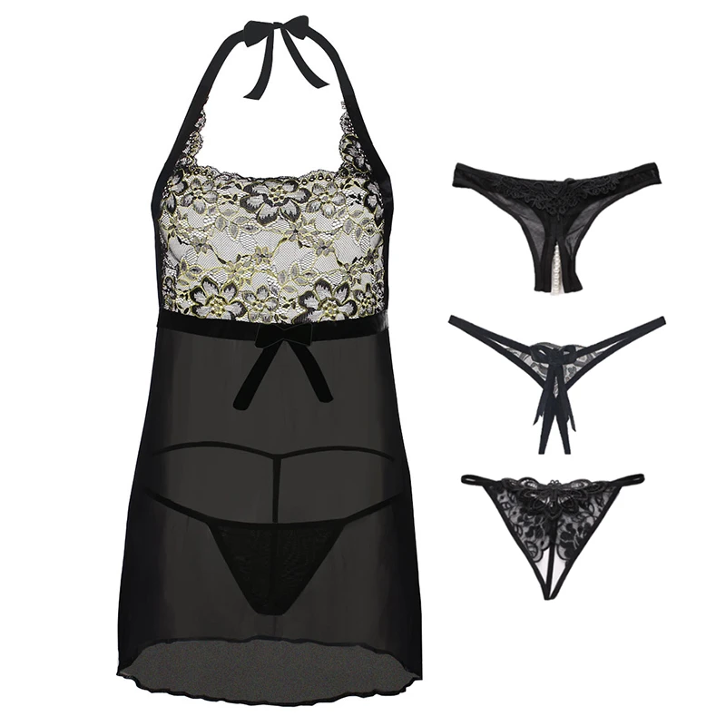 

AIIOU Transparent Sexy Lingerie Porno Mesh Lace Transparent Lingerie Pajamas Babydoll Erotic Costumes for Women Adult with Pants