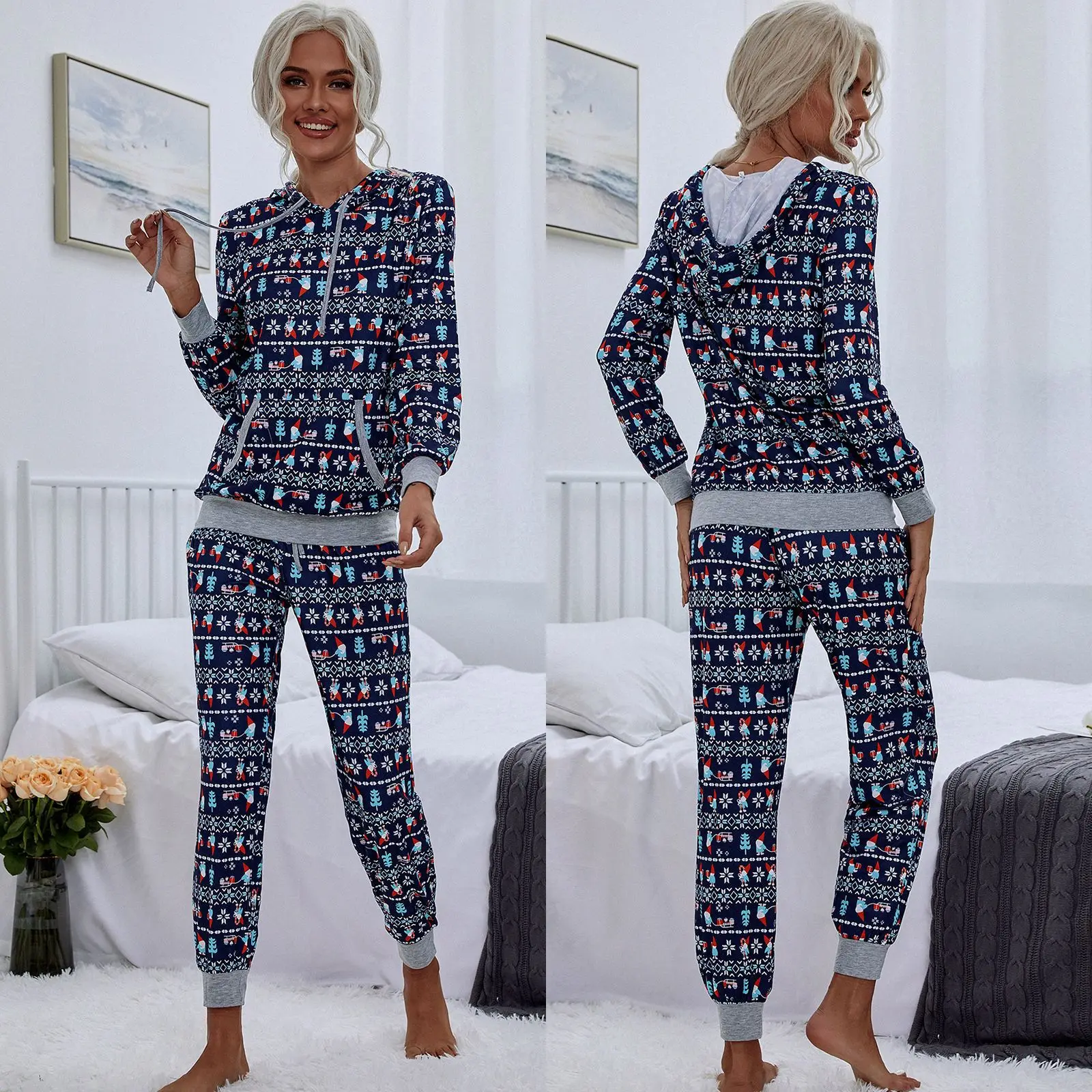 Christmas Plaid Print Hooded Drawstring Big Pocket Long Pants Set Women 2022 Spring Autumn New O Neck Top Pajamas Two Piece Suit