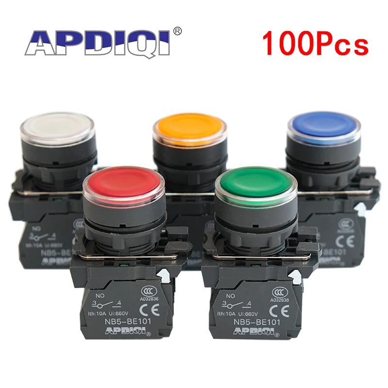 

100Pcs XB5 Illuminated Push Button Momentary Switch NC NO Voltage 220V 24V Round Flat Head Start Stop Power Reset 22mm AW3361
