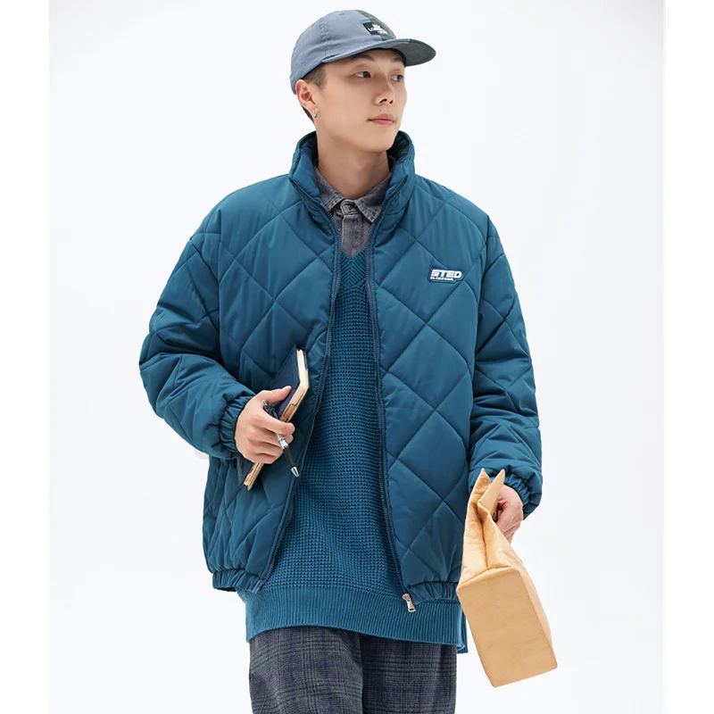 Streetwear Men New Blue Keep Warm Rhombic Lattice Padded Clothes Thicken Recreational Loose Down Jacket Comfortable Coat Female