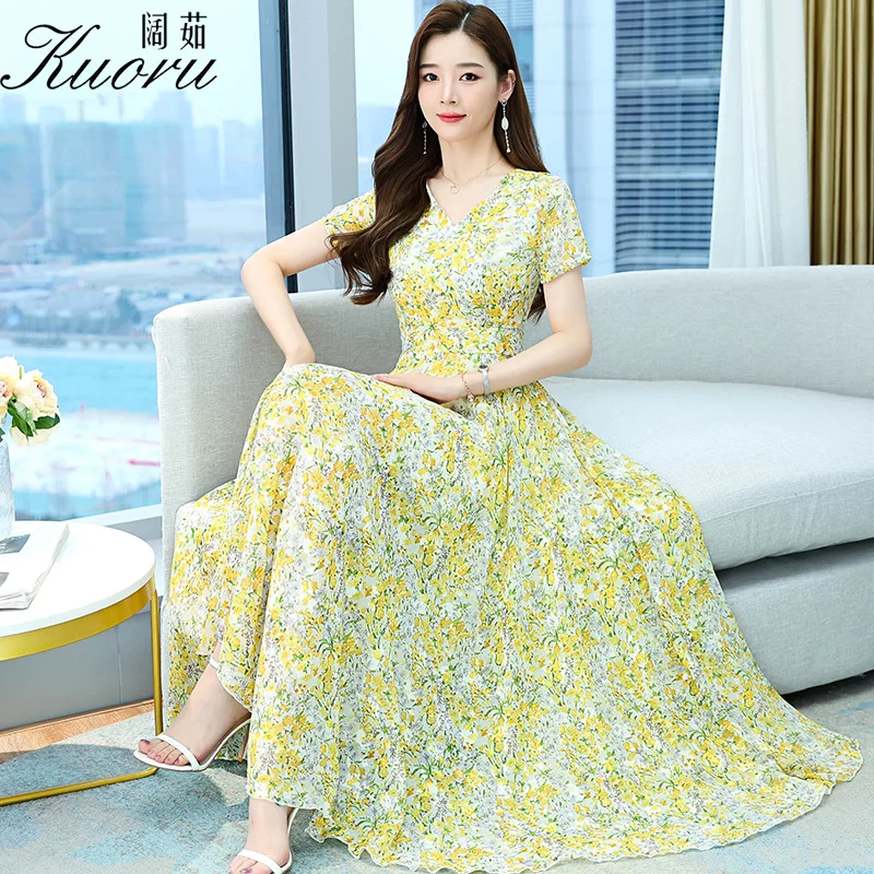 

Chiffon Yellow Floral Casual Beach Maxi Dresses 2022 Summer Vintage Women Chic Elegant Bodycon Fashion Party Evening Prom Dress