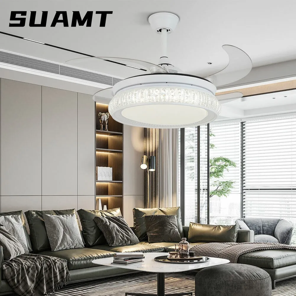 

White Crystal Ceiling Fan Light 42 inch Remote Control Light Luxury Crystal Fan Chandelier LED 3 Speed Adjustable Ceiling Fan