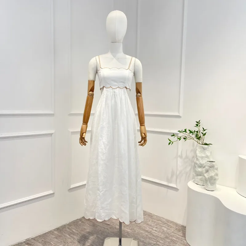 

Женское винтажное платье средней длины, элегантное белое однотонное льняное платье с вырезами, открытой спиной и перекрестными завязками, весна-лето 2023