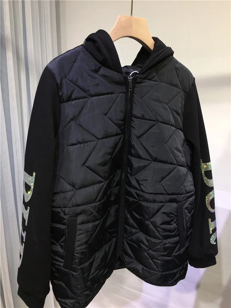 Quilted Cotton-padded Coat 2022 New Autumn Winter Letter Hot Drilling Black Wadded Jacket Streetwear Long Sleeve Hooded Parkas