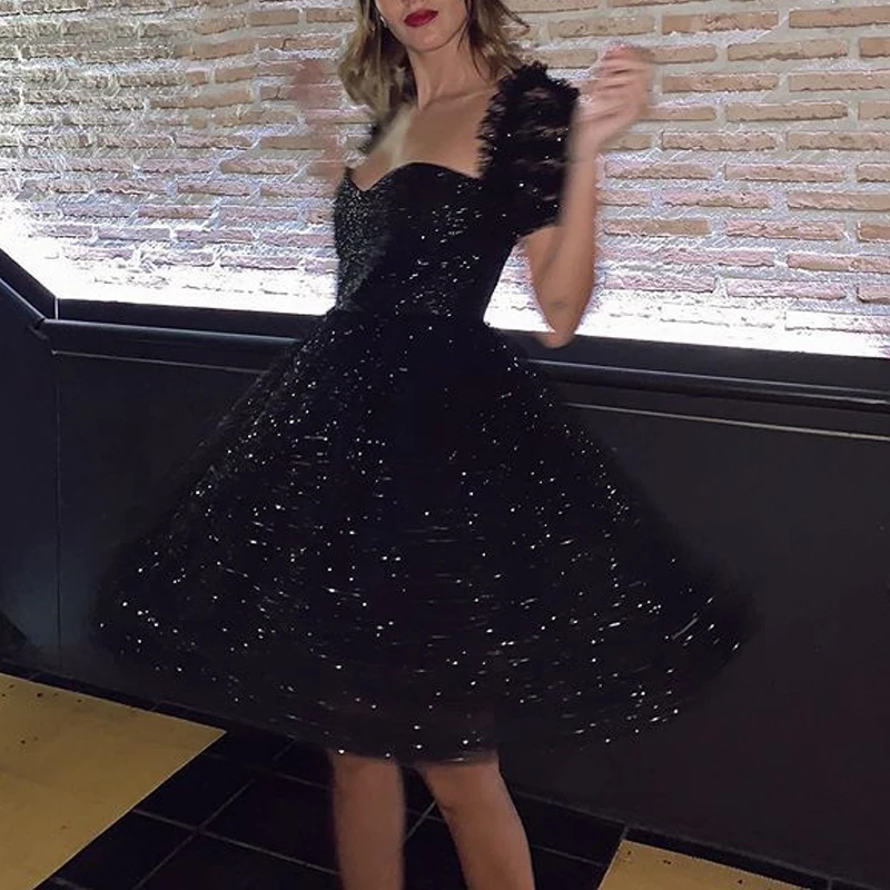 

Fashion Little Black Bling A-Line Quinceanera Dresses Lady Sexy Evening Party Prom Vestido Short Style Homecoming Frock for Girl