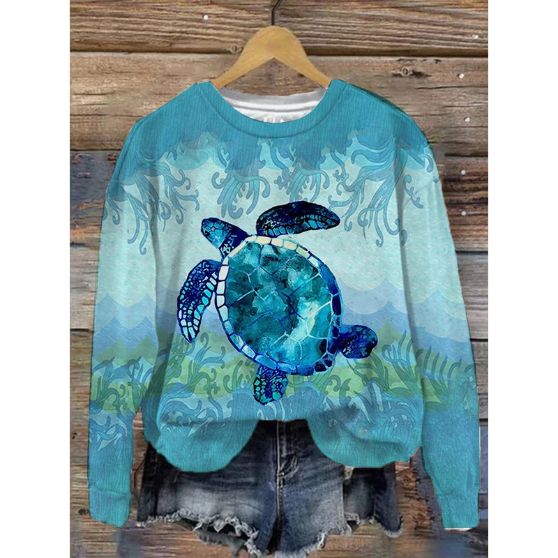 

Women's Pullovers Sea Life Dolphin Turtle Print Crewneck Sweatshirts Basic Pullovers Loose Street Long Sleeve Fall Winter Tops