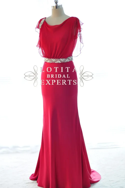 

free shipping floor-length party gown 2018 new sexy cap sleeve chiffon vestidos de festa crystal red long bridesmaid dresses