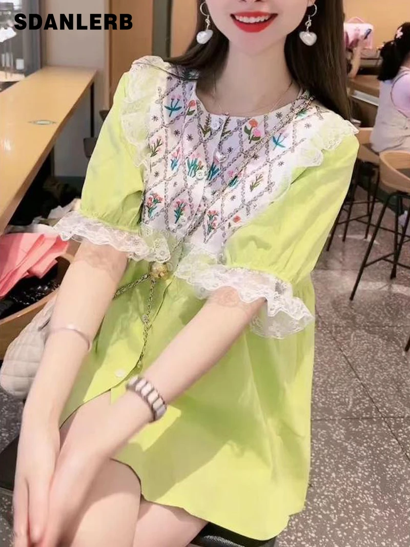 

Summer Embroidered Flower Shirt Round Neck Short Sleeve Tops for Women Loose-Fitting Blouse Slimming Mid-length Camisas Mujer