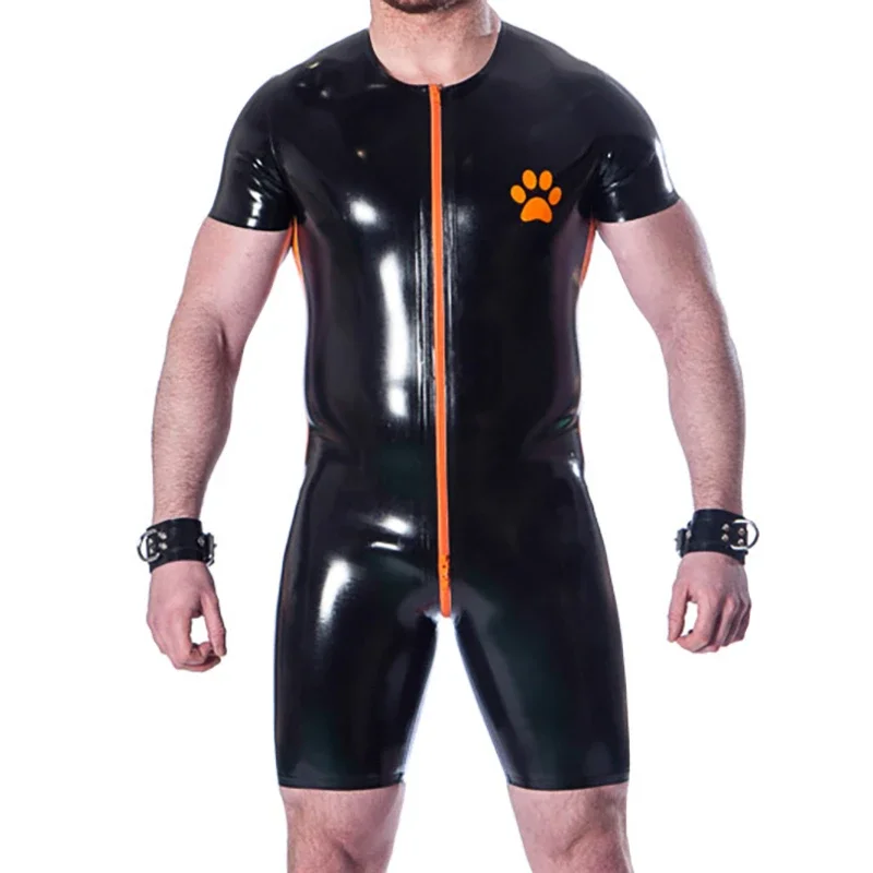 

Черно-оранжевый сексуальный латексный костюм кошки с молнией полосы щенок резиновый костюм для серфинга униформа для собак боди Zentai комбинезон