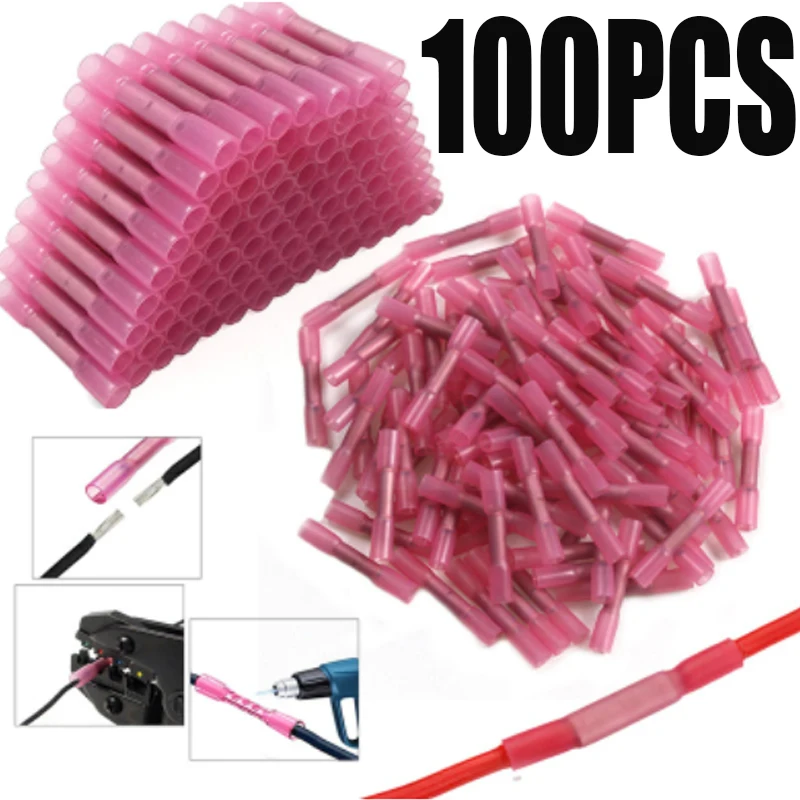 

100/50PCS 22-18AWG Electrical Heat Shrink Butt Crimp Terminals Red Waterproof Fully Insulated Seal Wire Connectors Assortment
