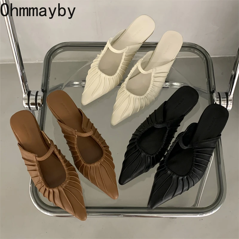 

2022 Pointed Toe Slip On Women Mules Shoes Fashion Slipper Ladies Low Heel Elegant Dress Slides Elegant Sandal