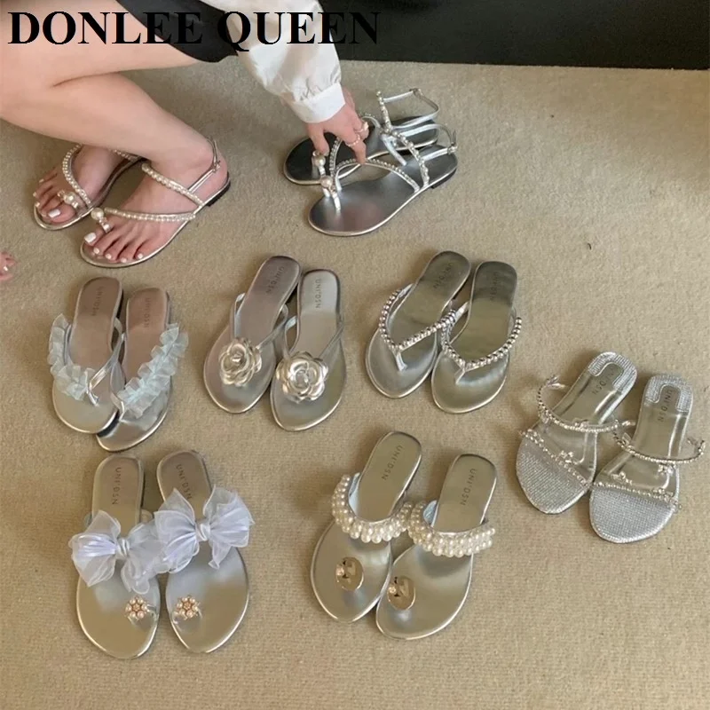 

Rhinestone Sandals Women Slippers Flat Casual Clip Toe Ankle Strap Shoes 2023 Summer Pearl Flip Flops Beach Slides Bow Sandalias