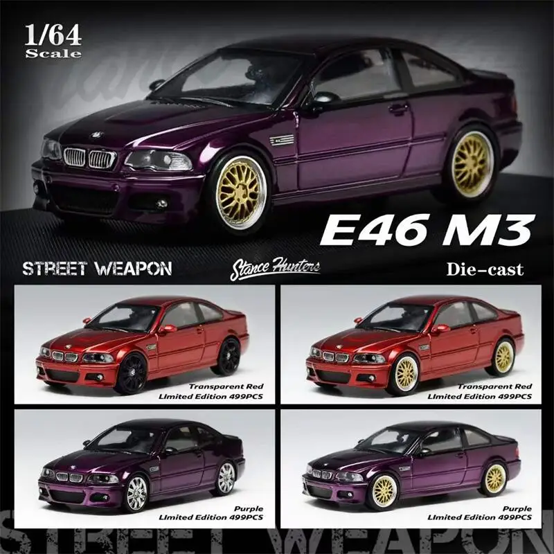 

Stance Hunters x Street Weapon 1:64 E46 M3 Purple /Red /Gray with BBS hub Diecast Model Car