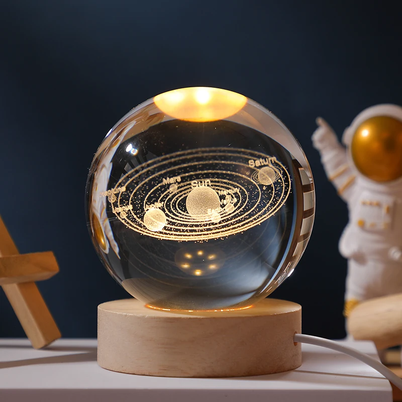 

2022 Creative crystal ball universe galaxy series night light solid wood base luminous crystal led light small ornaments