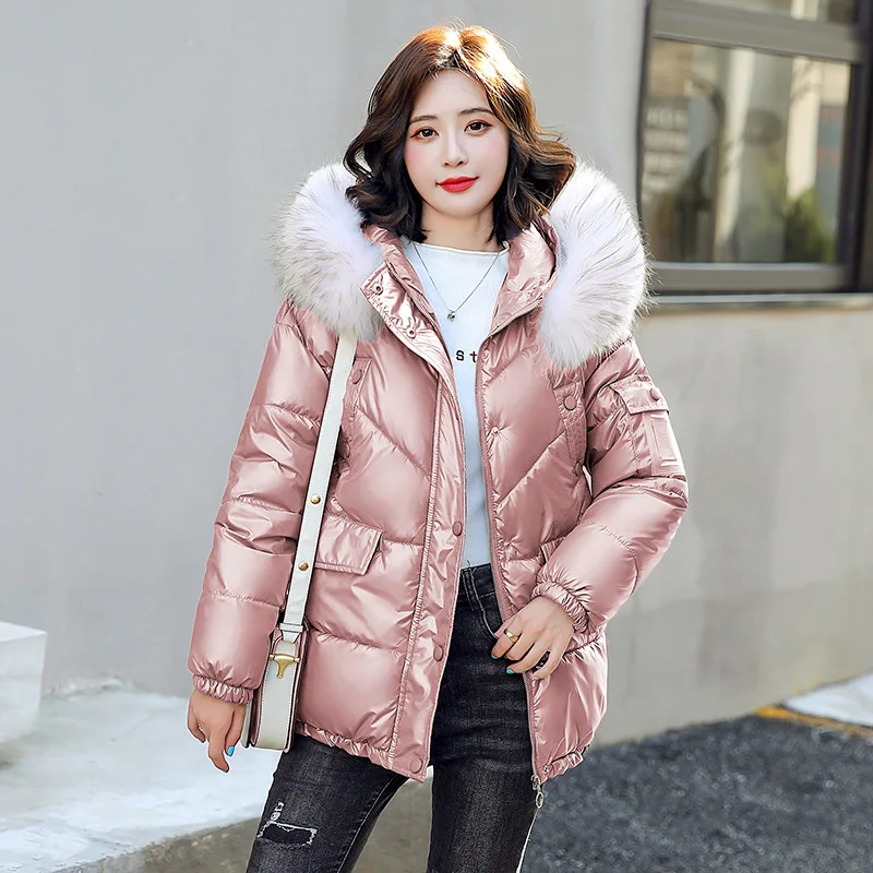 Winter New Women Hooded Down Jacket Fashion Design Plus Velvet Warm Padded Jacket Casual Loose Solid Color Big Fur Collar Coats