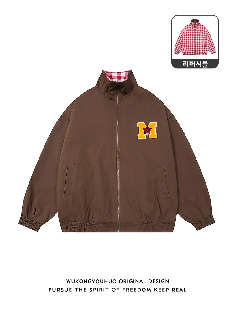 Wukong Goods зимняя клетчатая двусторонняя куртка в стиле ретро с воротником-стойкой