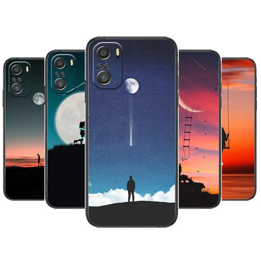 

Lonely Starry Sky Moon Phone Case For xiaomi redmi 11 Lite pro Ultra 10 9 8 MIX 4 FOLD 10T Black Cover Silicone Back Prett