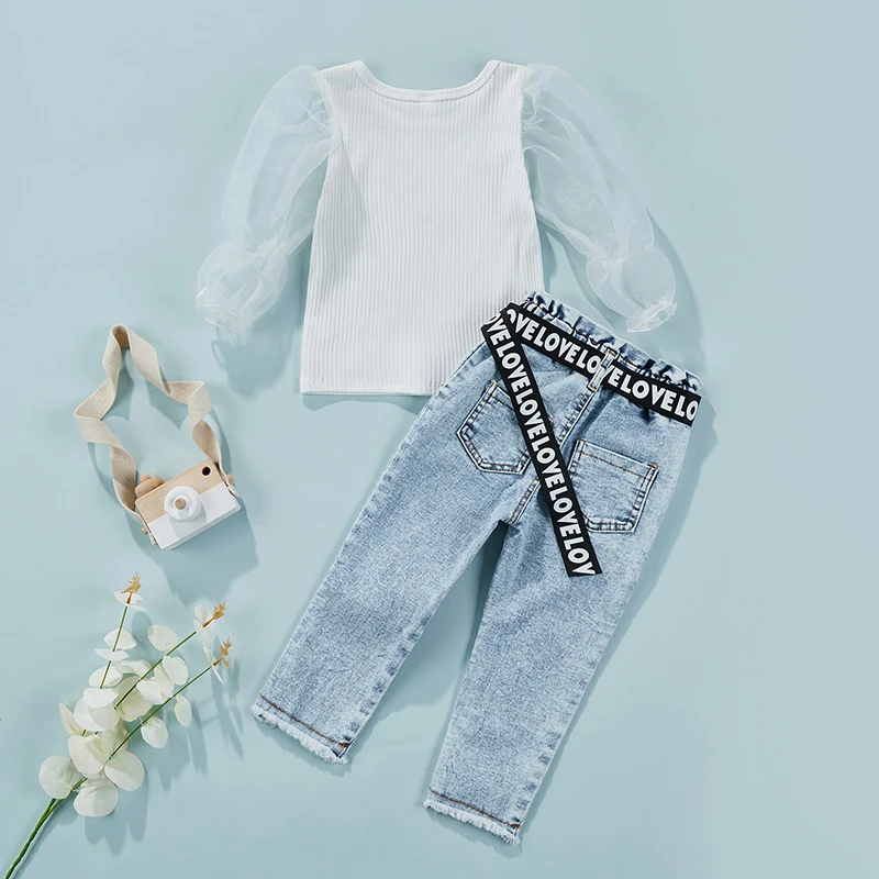 

Baby Kid Girls Set Toddler Baby Girl Mesh Sheer Puff Long Sleeve Splicing Knitted Shirt Tops Slit Jeans with Belt Clothing Sets