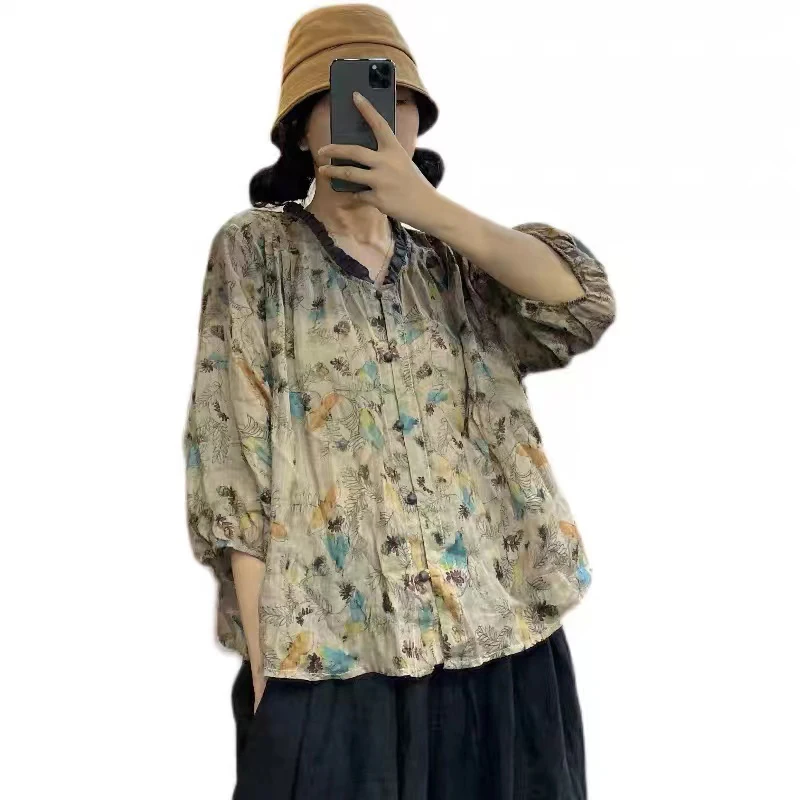 Женская свободная рубашка с коротким рукавом однобортная блузка из хлопка и льна