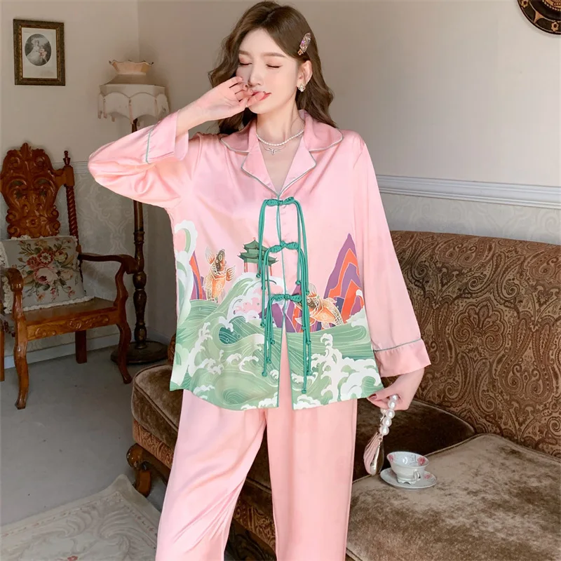 [Rich Family Qianjin] 2023 Spring/Summer New Sleepwear Women's Ice and Snow Silk Printed Long Sleeve Pants Home Fury