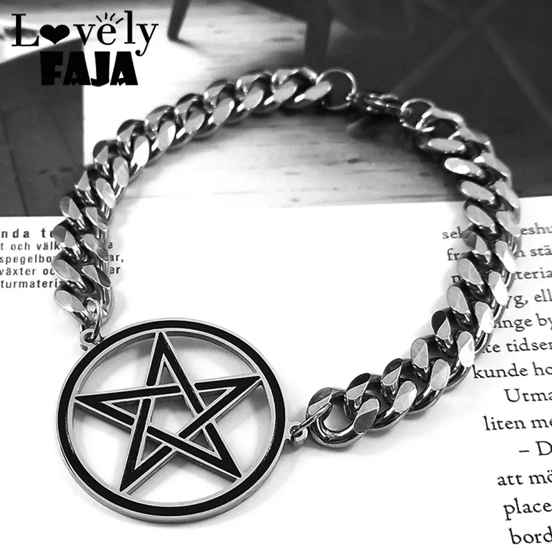 

Hip Hop Satan Inverted Pentagram Pendant Bracelet Women Men Stainless Steel Wicca Pentacle Protective Bracelets Satanic Jewelry