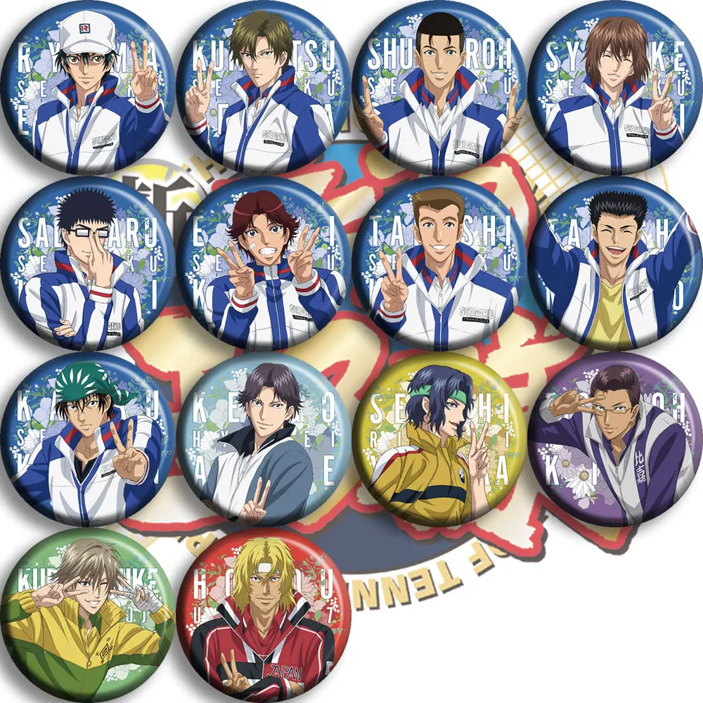 

14pcs/1lot Anime New prince of tennis Ryoma Echizen Figure 516 Metal Badges Round Brooch Pin Bedge Gifts Kids Toy