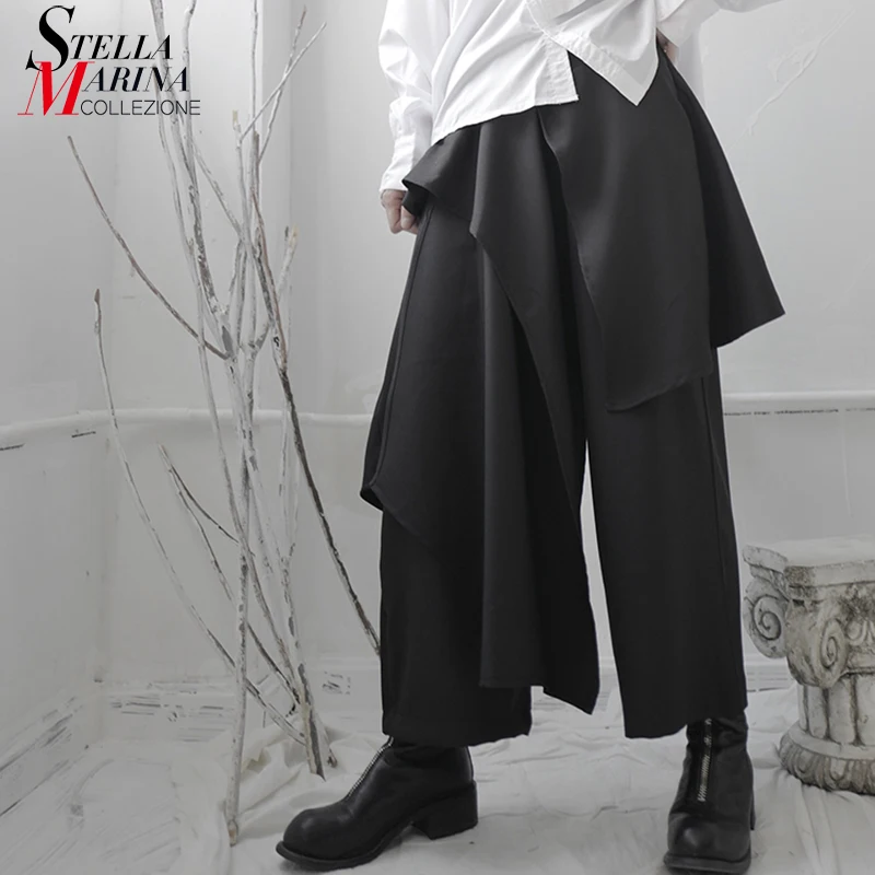 

Elastic Waist Ankle Length Woman New Spring Black Casual Long Straight Pants Japanese Style Layers Design Unique Trousers apt12