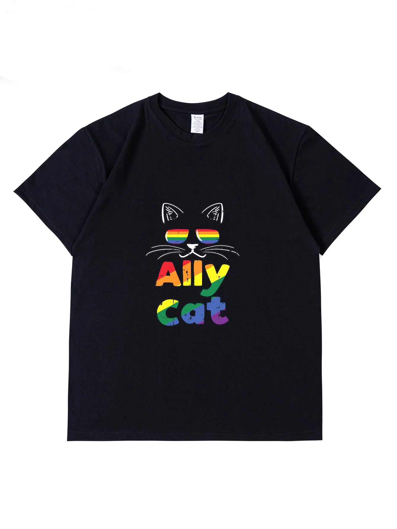 

Женская Повседневная футболка с радужным принтом кота и букв, Однотонная футболка с коротким рукавом и круглым вырезом для весны и осени, женская уличная одежда