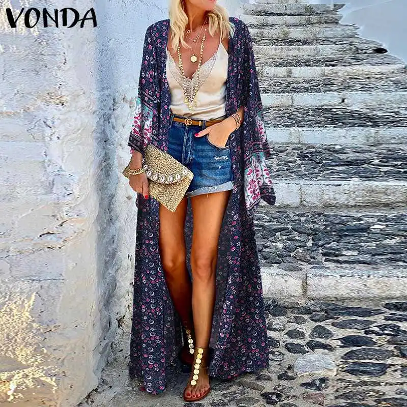 

VONDA Spring Lady Women Stylish Jackets Femme Casual Long Sleeve Printed Coat Fashion Party Thin Cardigan Long Poncho Oversized