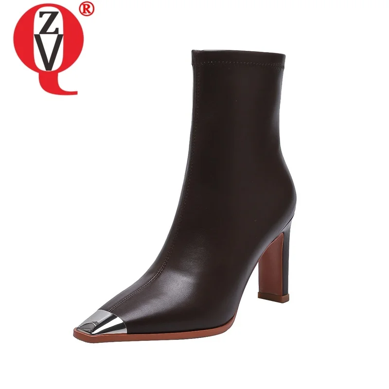 

ZVQ New Style Fashion Ankle Boots Metal Square Toe High Heels Side Zipper Winter Shoes Office Ladies Outside Sexy Booties 33-40