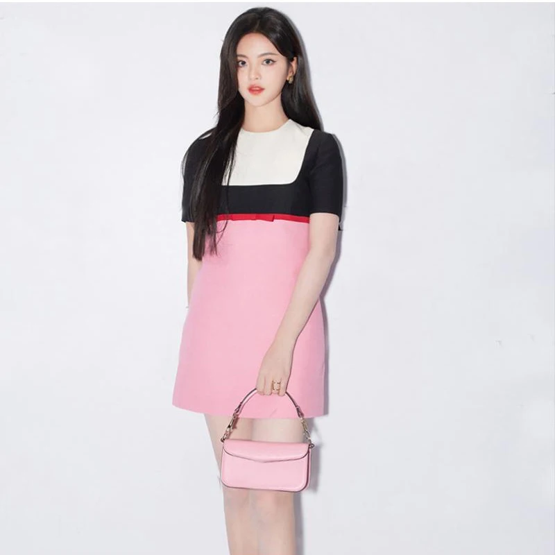 Star Same Style Fashion Ladies Office Korean Dress Design Color Matching Chic Pink Sweet Bow Short Dress 2023 Spring Summer New