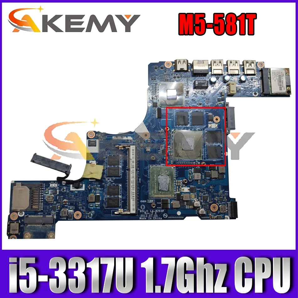 

AKEMY Laptop Motherboard For Acer M5-581T Main Board Q5LJ1 LA-8203P i5-3317U 1.7Ghz CPU Onboard with Graphics Card