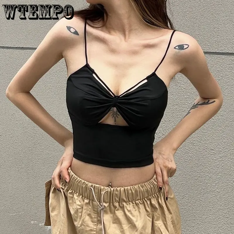 

Black Cut-out Sexy V-neck Cami Women's Sling Slim Spicy Girl Vest High Waist Navel Exposed Cropped Top New Fashion Summer