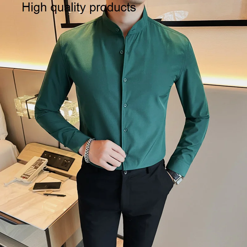 

Mandarin Collar Shirt Men New Autumn Solid Long Sleeve Slim Fit Camisa Social Masculina Casual s s 5XL-M