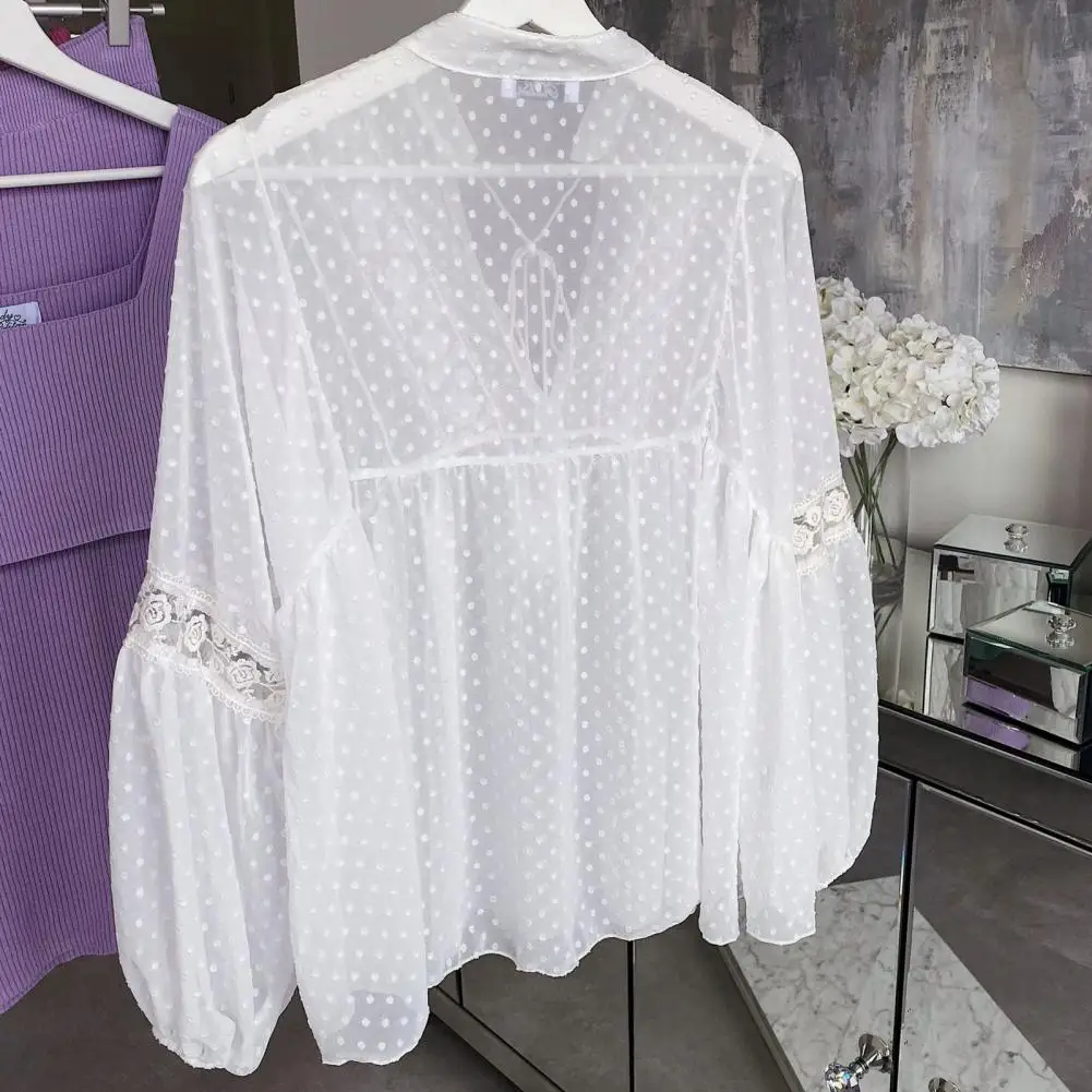 

Classic Lightweight V-neck Embroidery Lace Perspective Patchwork Pullover Top Streetwear Casual Blouse Casual Blouse