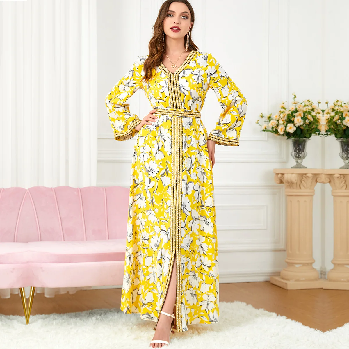 Arab Women's Fashion Print Stitching Long Skirt Long Sleeve Skirt Muslim Dress Autumn Dubai Travel Party Dresses Long Evening