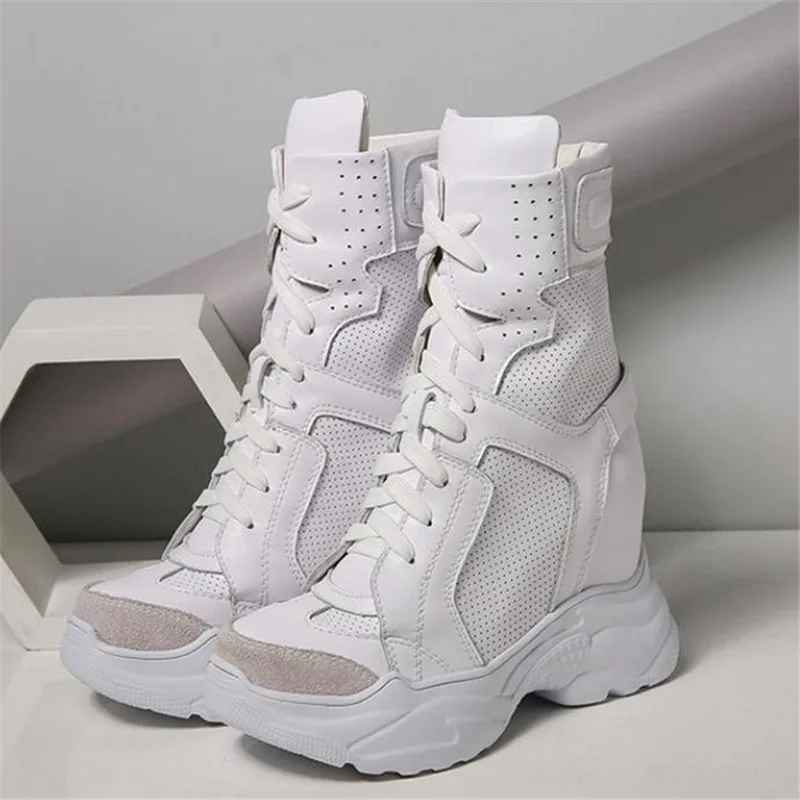 

Summer New Fashion Leather Mesh Patchwork Height Increasing Women Casual High Top Wedges Shoes Thick Sole Platform Boots