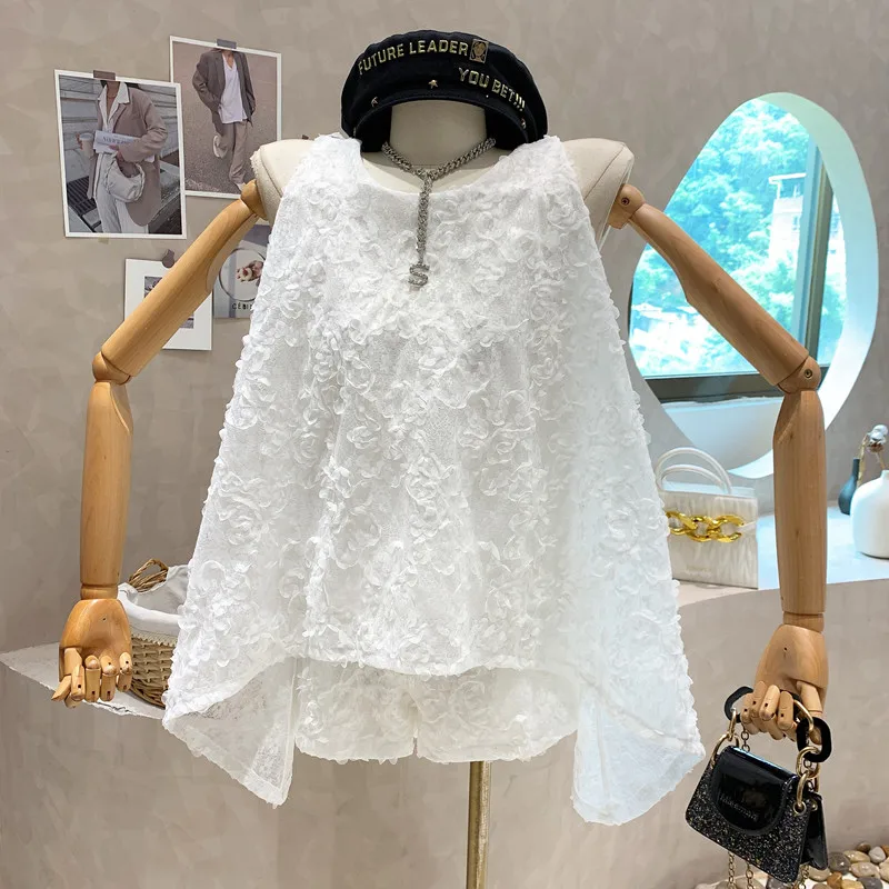 

Niche Design New Women 2022 Summer Loose Thin Girls Sleeveless Backless A-line Lace Shirt Top + Shorts Trend Two-piece Set