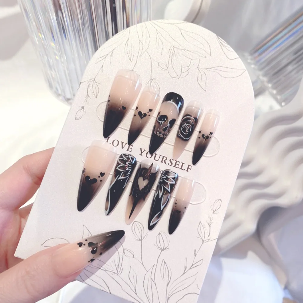 Накладные ногти в стиле фанк розы на Хэллоуин с черепом полное покрытие длинные