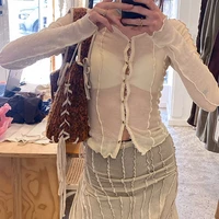 fairycore y2k mesh sheer crop top see through button up hollow out long sleeve tees fairy ruffles trim t shirts vintage clothes