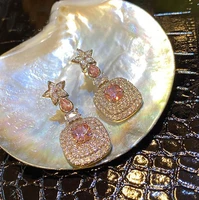 luxury retro star square pink diamond earrings for women french fashionable trendy romance advanced sweet girl eardrop