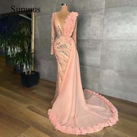 luxury squines evening dress with train long sleeve chest tulle elegant bride gown prom cocktail party gala dresses