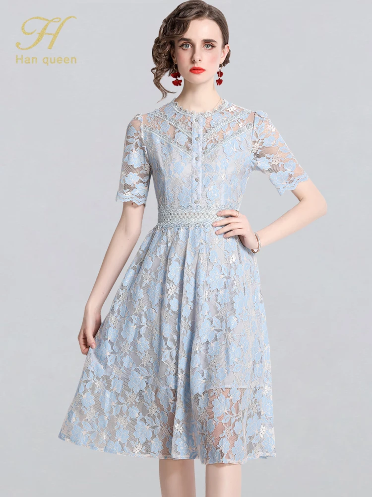 

H Han Queen New Summer Dresses Womens Korean Retro Short Sleeve Vestidos Fashion Slim Big Swing O-Neck Party Casual Lace Dress