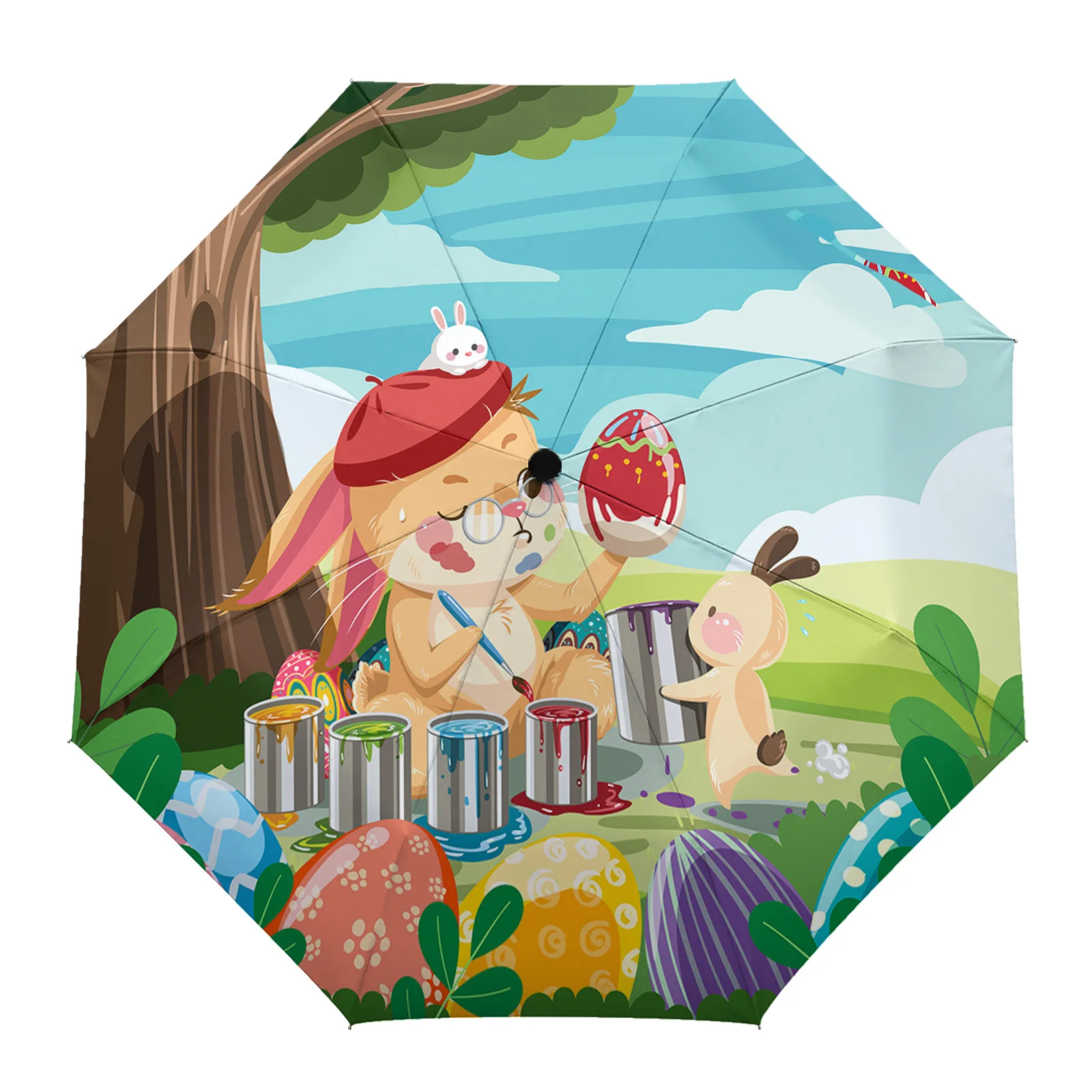 

Easter Spring Flower Bee Bunny Egg Large Fully-automatic Parasol Umbrella Foldable Eight Strand Umbrella for Adult Rain Umbrella